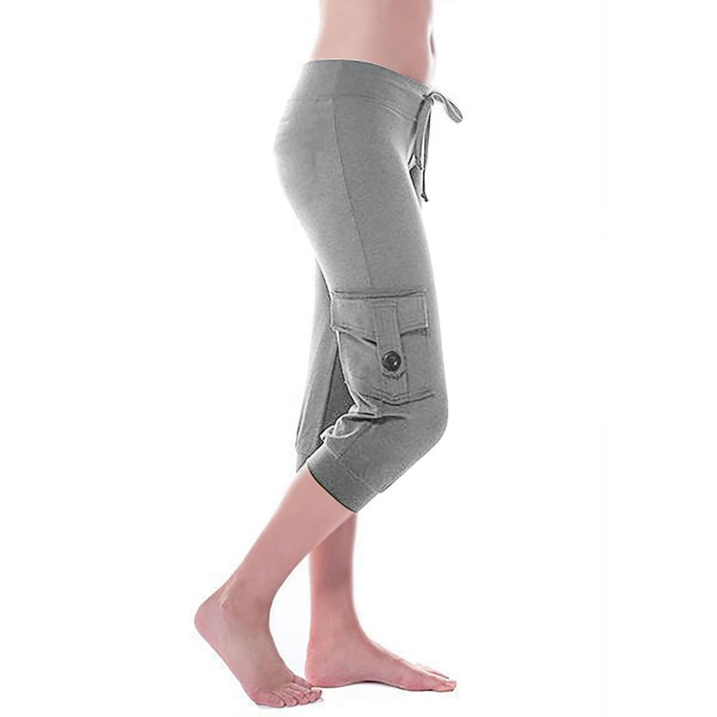 Women's Stretch Waist Button Side Pocket Yoga Cropped Pants