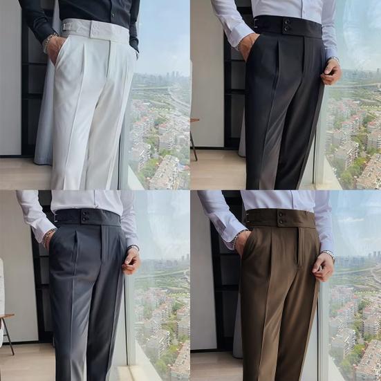 Pantalon de Costume pour Hommes Style d'affaires Formel Jambe Droite Coupe ajustée Couleur Unie Doux Taille Haute Poches Vintage Doux Respirant Pantalon de Bureau pour Hommes