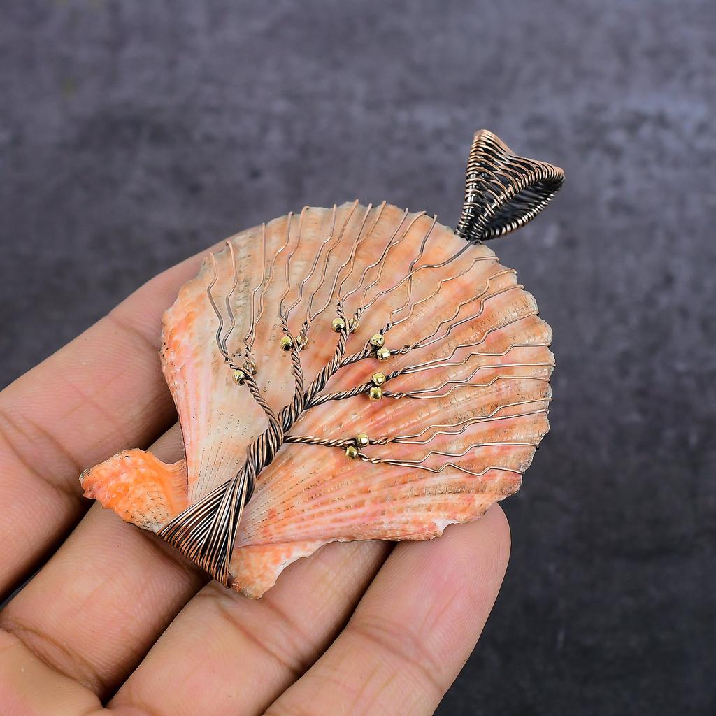 Orange Sea Shell Gemstone Handmade Copper Wire Wrap Jewelry Pendant 3.07" K9h25