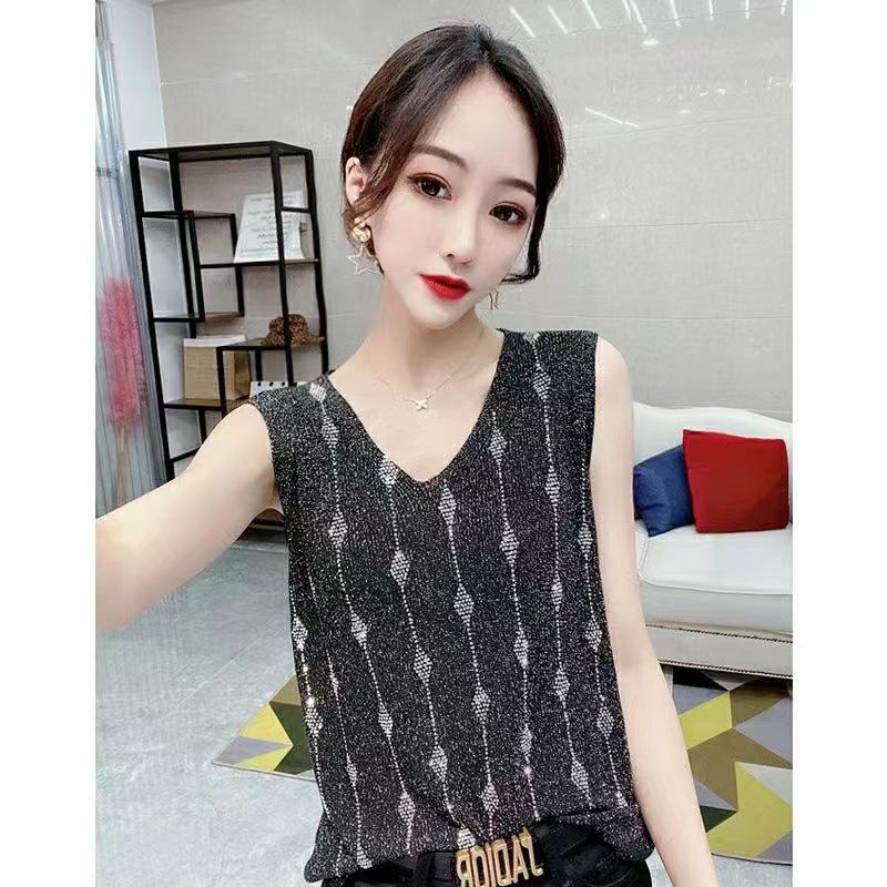 2023 Shiny Silk Sleeveless V-Neck Women's Vest - Spring/Summer New Style, Loose Fit with Hot Diamond Sling Knitted Design