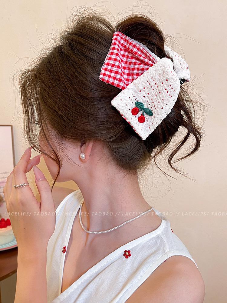 Заколка-краб в клетку с вишней женская летняя для затылка заколка-акула для объема волос аксессуары для волос