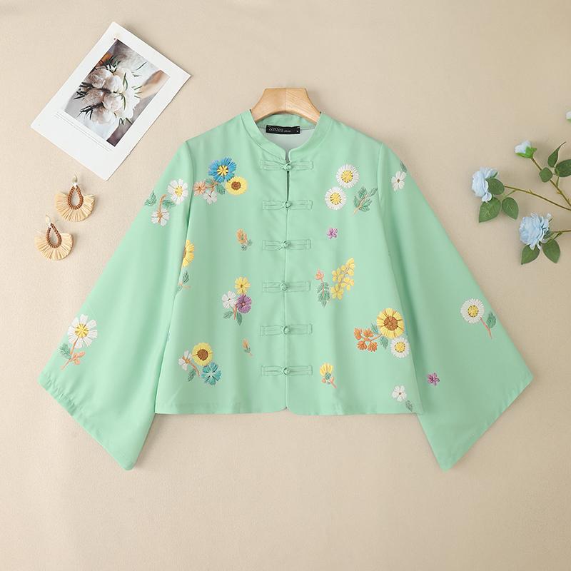 

ZANZEA Женская повседневная блузка с цветочным принтом, свободного кроя, с длинным рукавом и воротником-стойкой 5XL зелёный