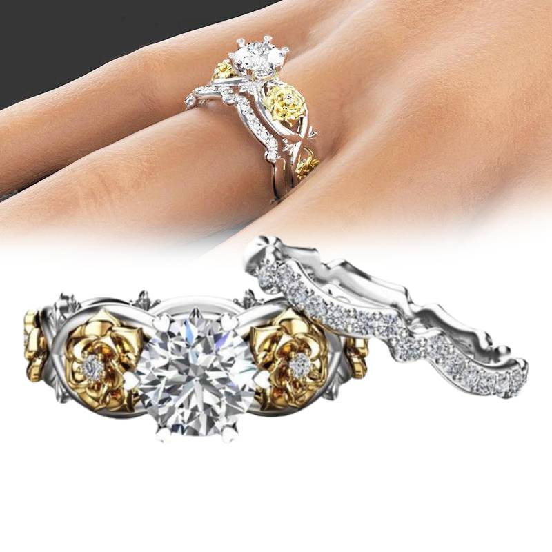 Plated Gold 2pcsset Flower Ring Women Elegant Design Fashionable And Simple
