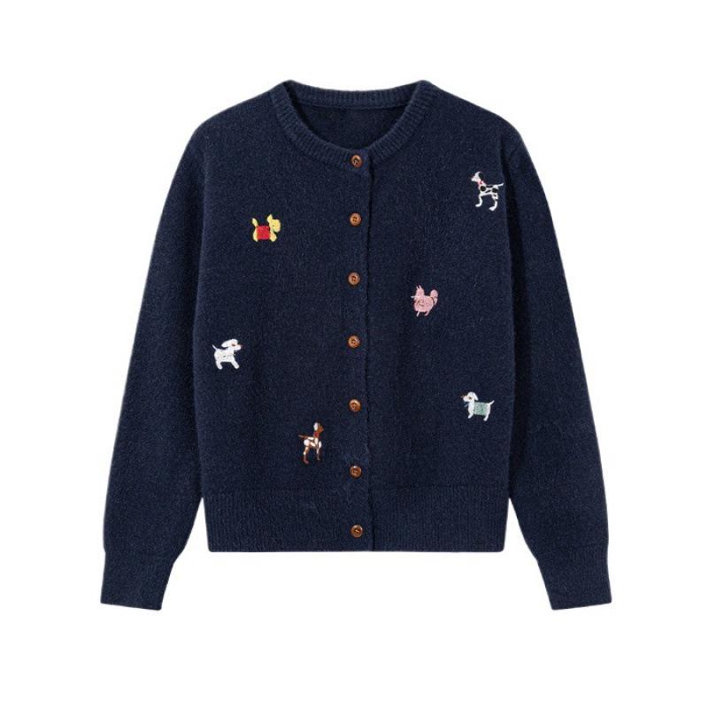 Women's Petite Fluffy Knit Cardigan: Japanese Style with Dog Embroidery, Perfect for Autumn/Winter