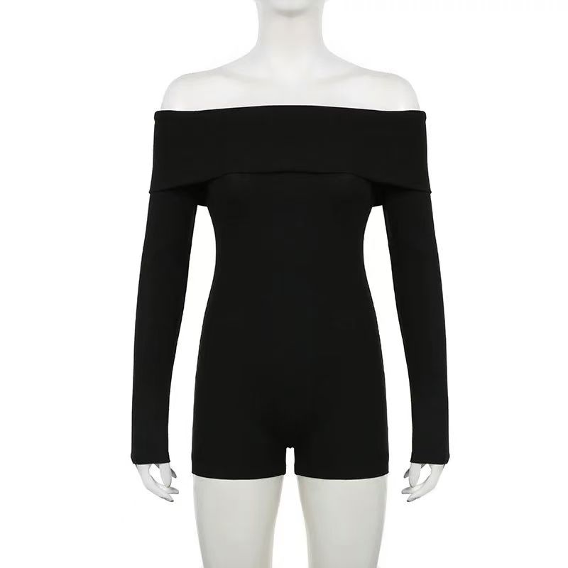 

European and American off-Shoulder Collar Long sleeve Tight Elastic Fashion Jumpsuit off Shoulder Tight Jumpsuit Black M