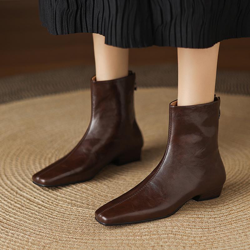 Mote 2025 Nye Høst Dame Støvletter Firkantet Tå Lav Hæl Støvletter for Damer Delt Skinn Dame Sko Retro Vinter Ankelstøvletter Damesko