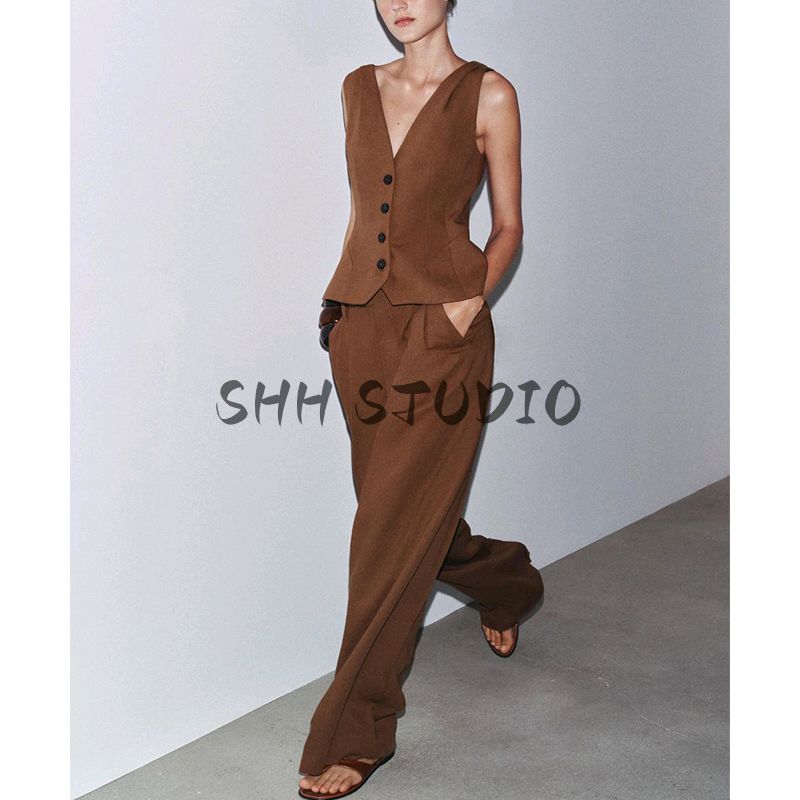 Single Breasted Minimalist All-Match V Neck Sleeveless Vest 3503586 Linen Blend Casual Pleated Pants 2734586