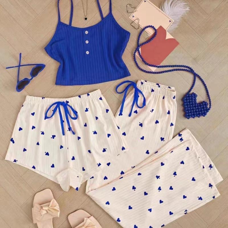 Printed Vest Shorts and Bow Drawstring Pants Casual Women's Cute Heart-Shaped Print Paired with Home Pajamas Set