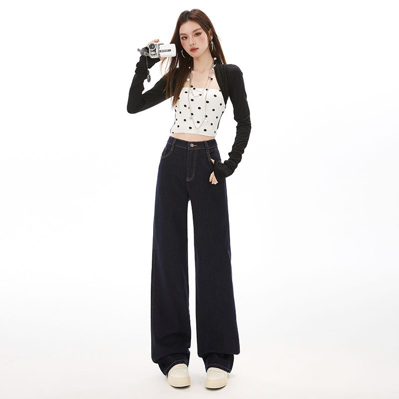 Spring Summer Elastic Waist Ultra Soft Comfy Denim Blue Straight Leg High Waist Daily Denim Trousers Ladies Casual Pants Oversize Denim Trousers
