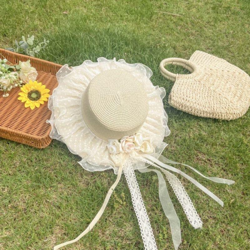 Sun Hat Pastoral Sweet Lolita Straw Hat Lace Bow Travel Streamer Sunscreen Straw Hat Beauty