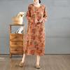 2025 Vintage Printed Round Neck Long Sleeve Patchwork Loose Plus Size Long Dresses