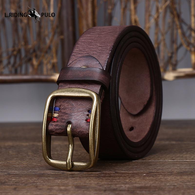 Vintage Handmade Men's Leather Belt Top Layer Pure Cowhide Copper Buckle Jeans Leather Belt