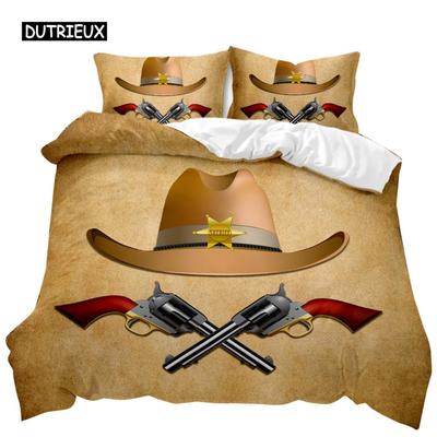 Povlak na přikrývku Western Cowboy Pro teenagery s tématikou Divokého západu Kovbojský klobouk a pistole Západní styl Dvojitý Queen King Size Polyesterový povlak na přikrývku
