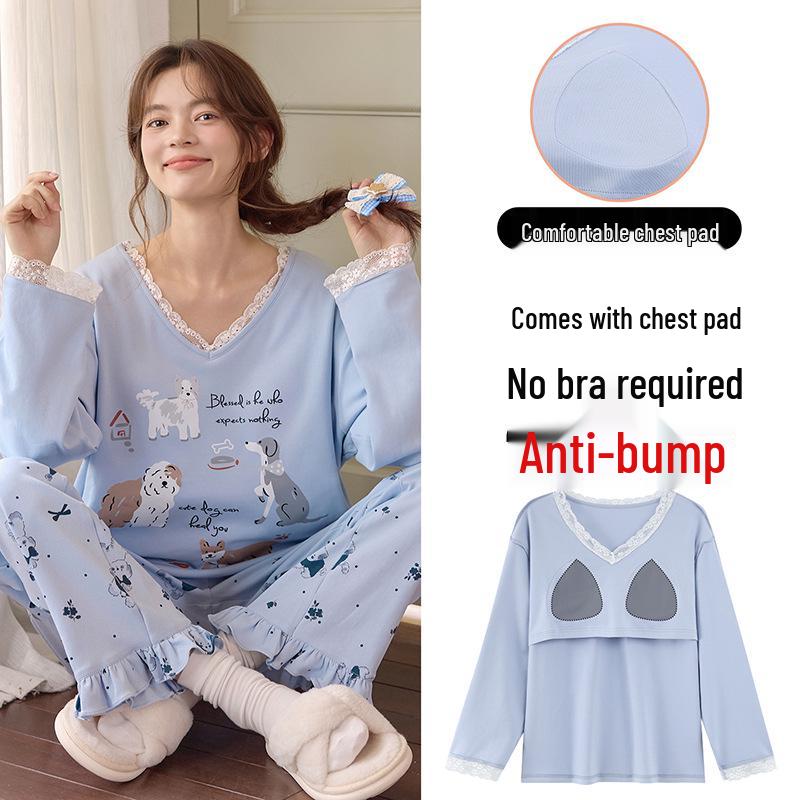 Piżama damska z długim rękawem i nadrukiem w kreskówkowe wzory, z wkładką na klatkę piersiową – uroczy komplet z okrągłym dekoltem do noszenia w domu lub na okrycia wierzchnie wiosną, jesienią i zimą