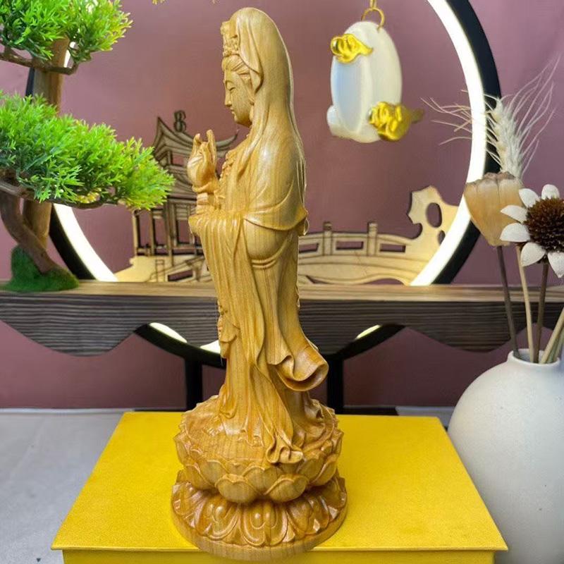 wood carving Nanhai Guanyin sculptures and figurines Chinese Buddha statues Home Room Office Wealth Luck Feng Shui Decor 7.86 in