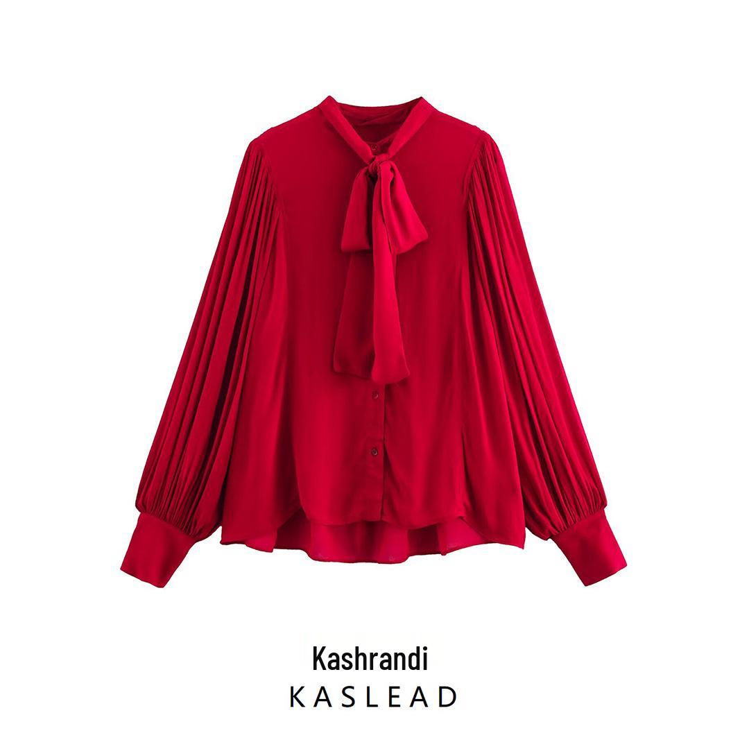

2025 Spring Women s European & American Style Bow Detail Blouse Large красный