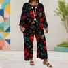 Women Plus Size Floral Printed Round Neck Long Sleeve Layered Top Wide Leg Pants Two Piece Set