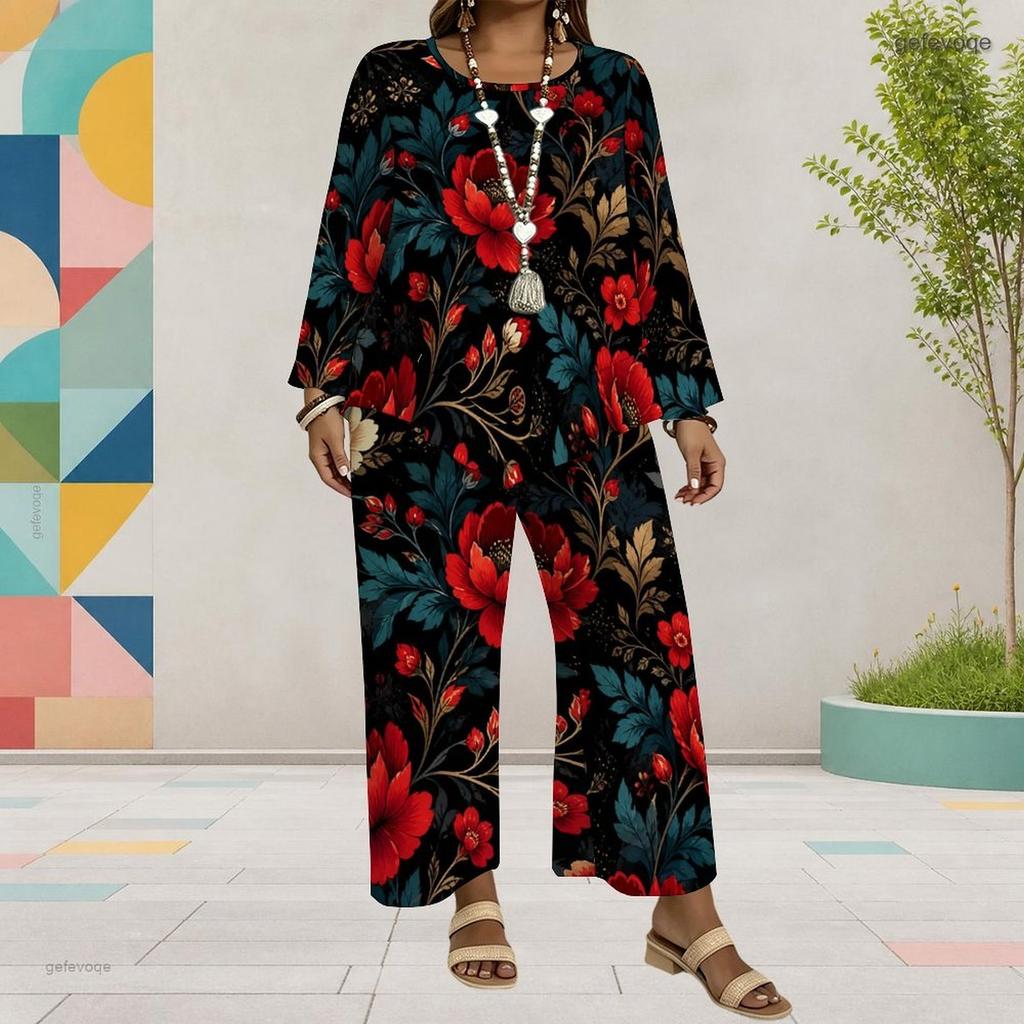 Women Plus Size Floral Printed Round Neck Long Sleeve Layered Top Wide Leg Pants Two Piece Set