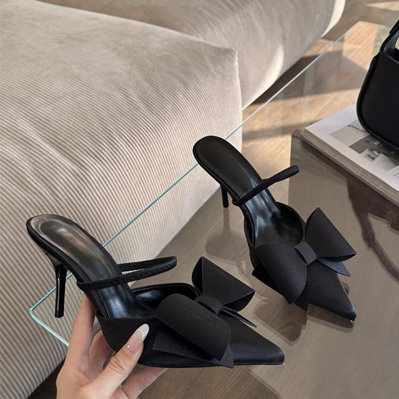 Fashion SUOJIALUN 2025 Summer New Brand Women Slipper Fashion Big Bow-knot Slip On Mules Sandal Shoes Thin High Heel Outdoor Dress Pumps