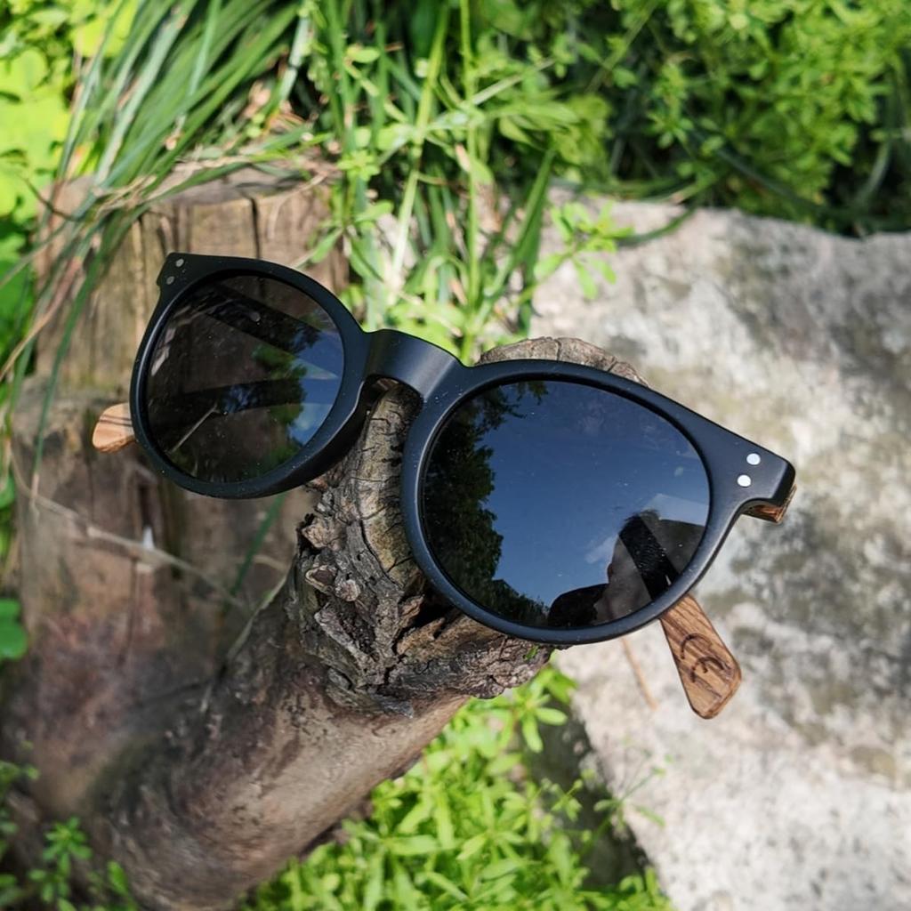 Wooden Polarized Round Sunglasses UV400 Handmade Great Gift for Men and Women [WOODONLY] - Protection, Sunglasses, (Black + Gray)