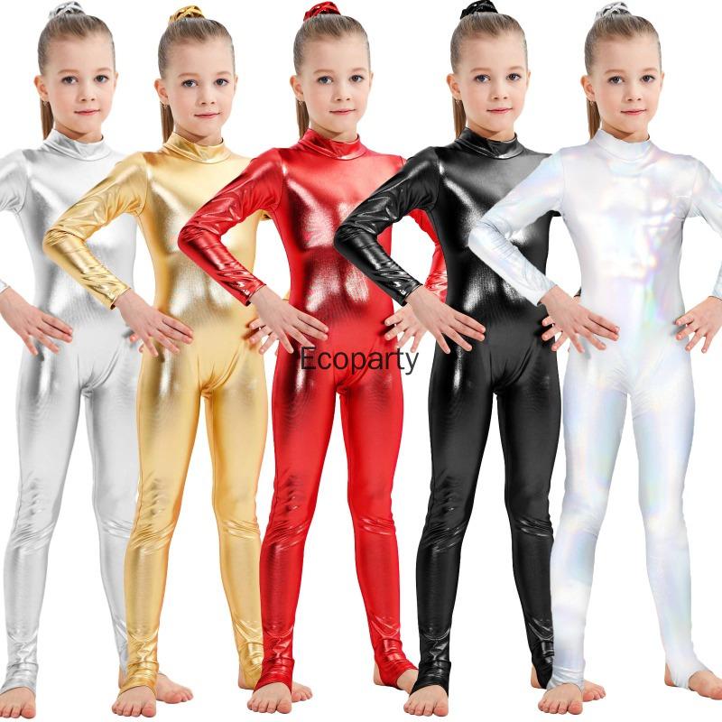 Copii Strălucitor Metalic O Bucată Mânecă Lungă Corp Întreg Gimnastică Balet Dans Leotard Salopetă Fete Elastic Unitard Îmbrăcăminte de Dans
