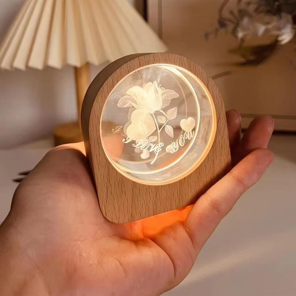 LED Crystal Ball Table Lamp Wooden Base USB Night Light 3D Rose Rain Birthday Cake Decor For Home Party Kid Gift Support Custom