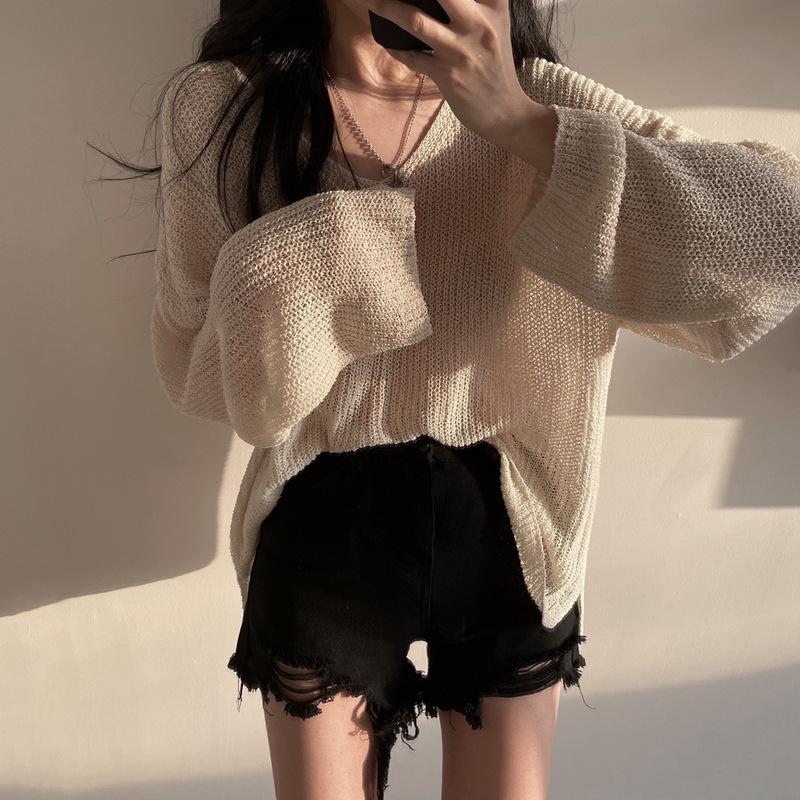 European and American style blouse with hollow perspective thin long-sleeved knitted sweater women's autumn new lazy style