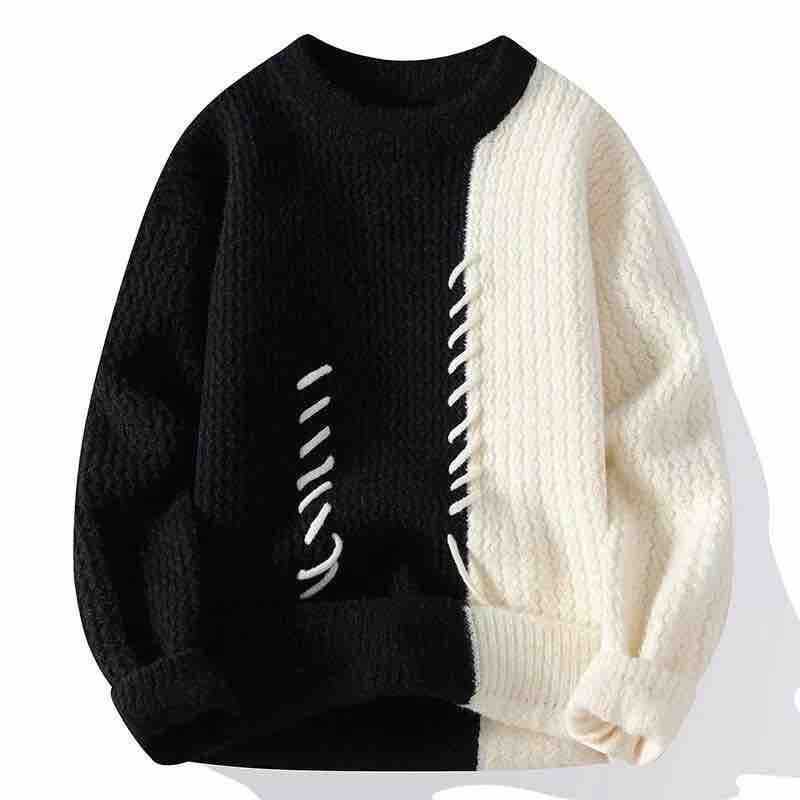 Herbst Winter Herren Pullover O-Ausschnitt Patchwork Kontrastfarbe Koreanischer Trend Mode Verdicken Warm Pullover Langarm Gestrickte Oberteile