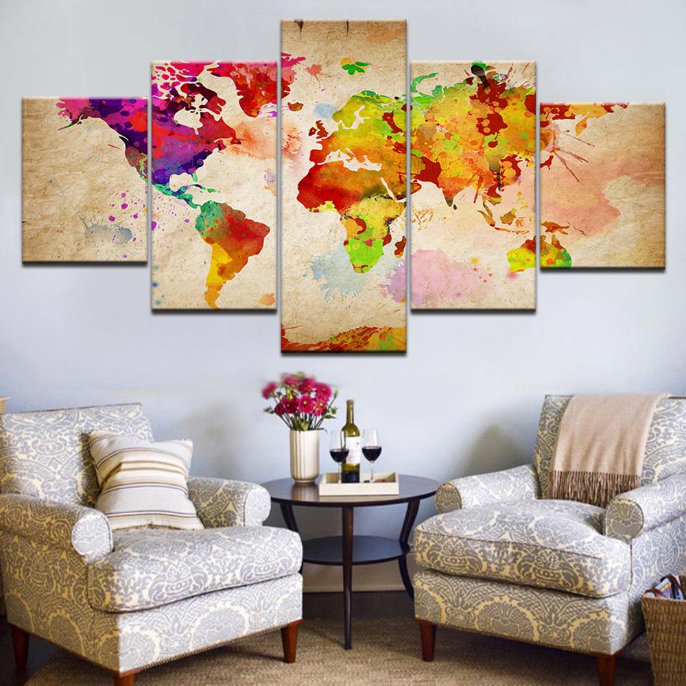 

5 Pieces Wall Art Canvas Painting Multicolor Vintage World Map Abstract Poster Modern Home Living Room Modular Decoration 20X35 20X45 20X55CM