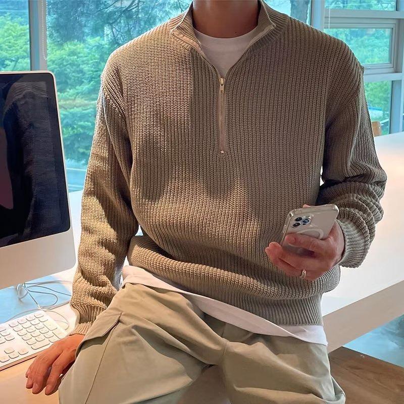 Men's Retro Loose-Fit Half-High Collar Zipper Knit Sweater with Drop Shoulders and Long Sleeves