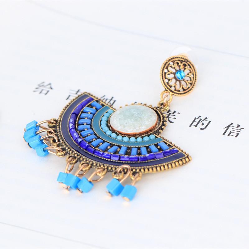 Trendy Geometric Fan Tassel Beaded Earrings For Women In Blue With Alloy Material