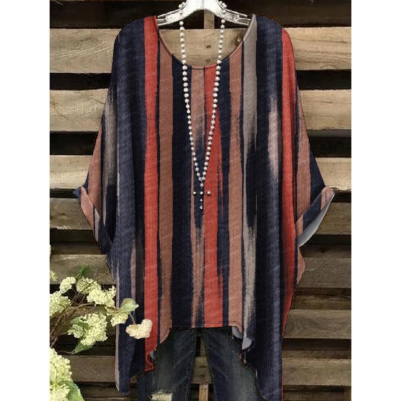 Women's Striped Checkered 3D Printed T-Shirt Summer Round Neck Casual Fashion Women's Loose Asymmetrical Hem Street Tops