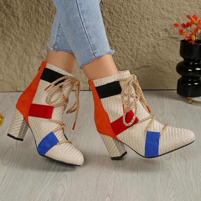 2025 New Ladies Shoes Front Lace-up Women's Boots Fashion Color Matching Dress Boots Women Autumn Plus Size Heeled Ankle Boots