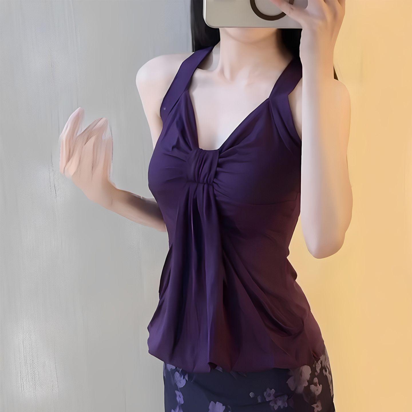 American Spicy Girl Purple V-Neck Twisted Halter Top – Stunning Waist-Cinching Summer Outfit S фиолетовый