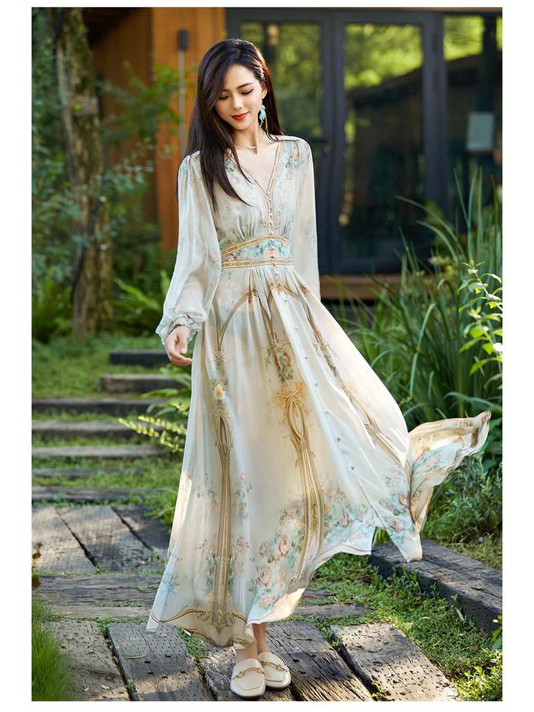 Elegant Spring 2025 Women's Slimming Bubble Sleeve Mulberry Silk Dress