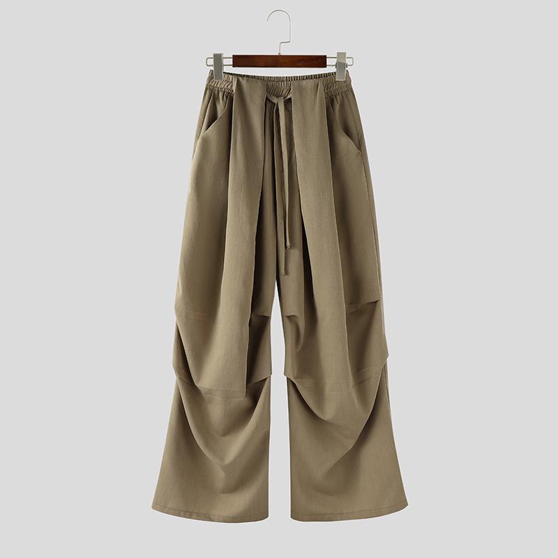 

INCERUN Men Back Elastic Waist Ruffled Casual Long Wide Legs Pants with Pockets XL хаки