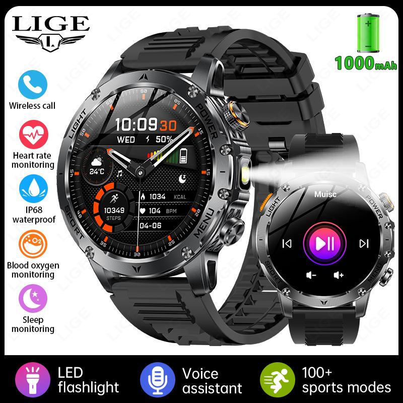 

1000mAh Large Battery Durable Adult Smart Watch GPS Strong Flashlight 10ATM Waterproof BT Call Sports Smartwatch Men Military Grade
