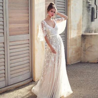 Lace Flared Sleeve Wedding Dress for Bride Deep V Neck Open Back Bridal Ball Gown Boho Beach Swing Dress