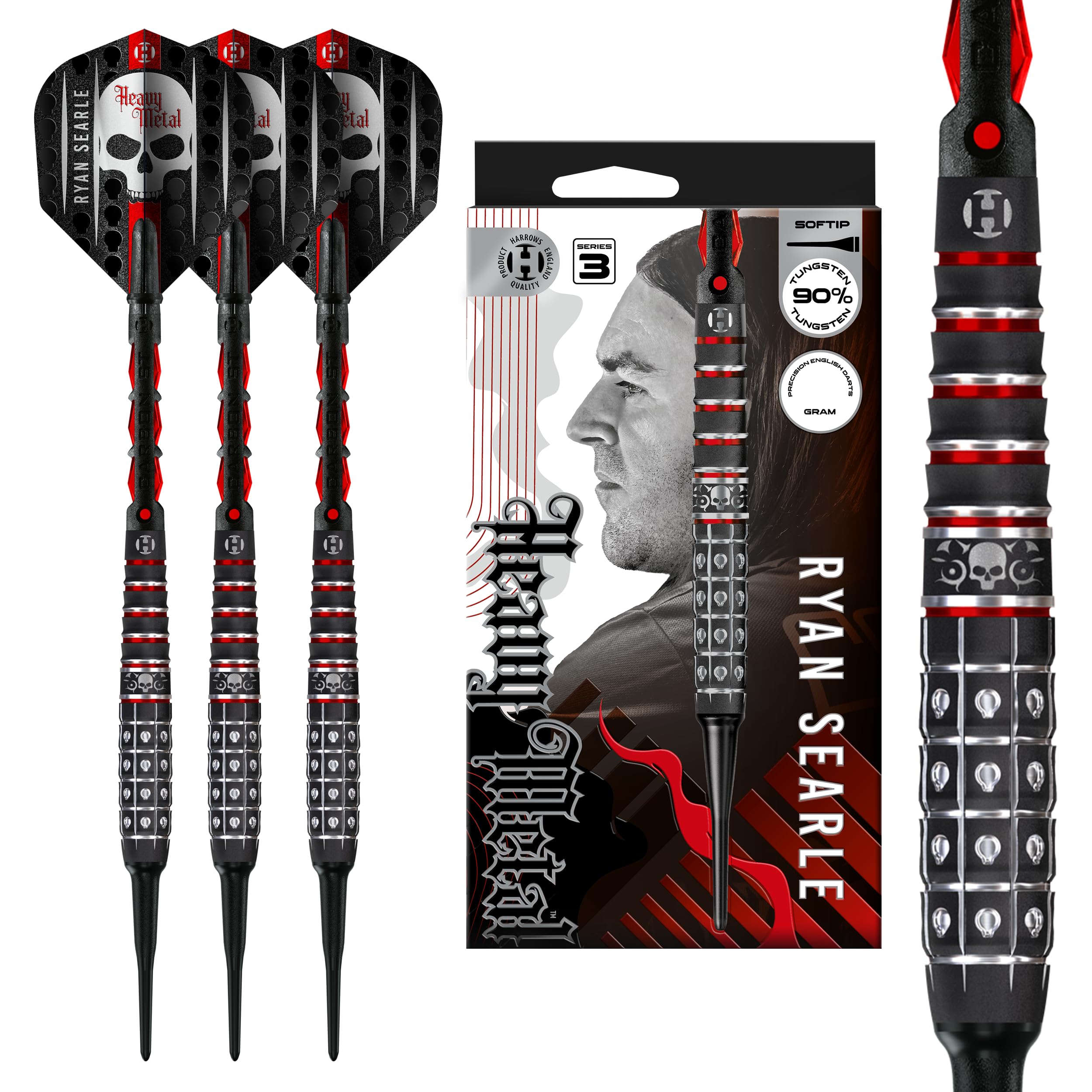 Harrows Ryan Searle Heavy Metal 90% Tungsten Darts Series 3 Soft Tip Darts Set 18g & 20g Red Carbon Shaft Silica Flights Professional Soft Tip Darts