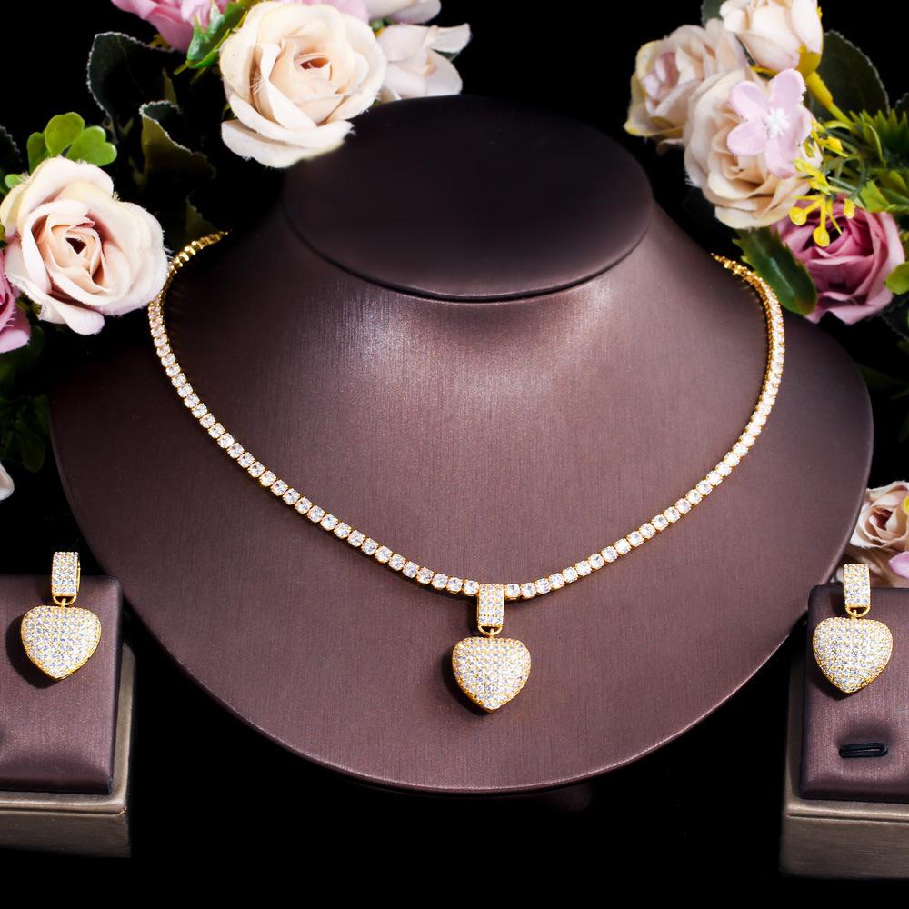 Popular Love Micro-Inlaid Zircon Full Diamond Earrings Necklace Two Sets Wedding Bride Peach Heart Set Chain