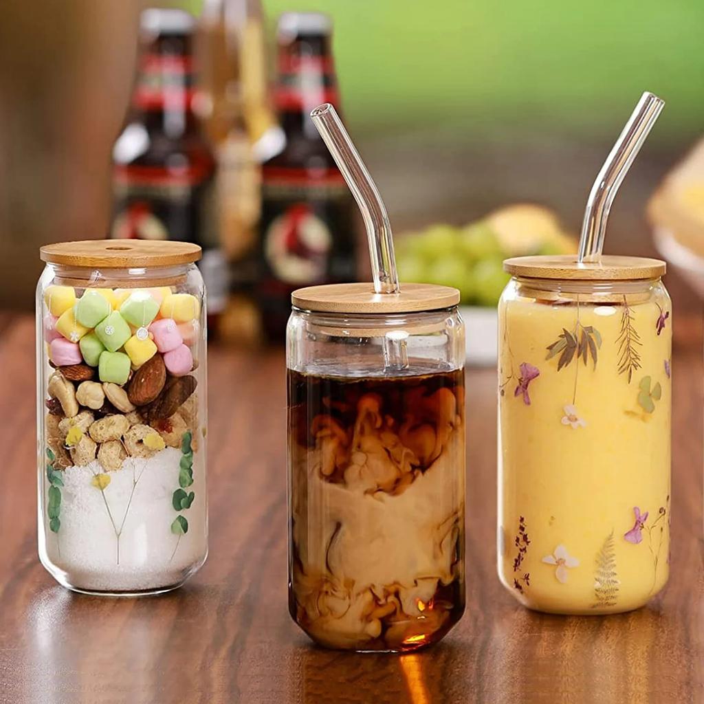 2/1PCS Glass Cup with Lid and Straw Bubble Tea Cup Juice Glass Beer Can Milk Mocha Cups Breakfast Mug Drinkware Transparent Cup