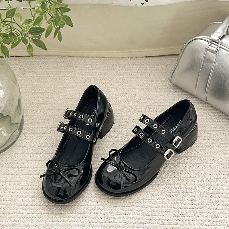 Fashion French Vintage Block Heel Mary Jane High Heels 2025 New Spring and Autumn Shallow Bow with Skirt Small Leather Shoes