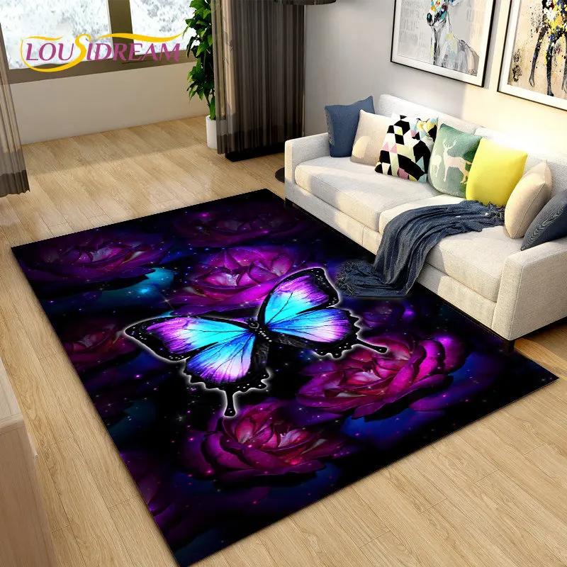 3D barevný koberec Butterfly Flower Area,Koberec do obývacího pokoje Ložnice Pohovka Yoga,Kuchyně Koupelna Rohožka Protiskluzová podložka na podlahu