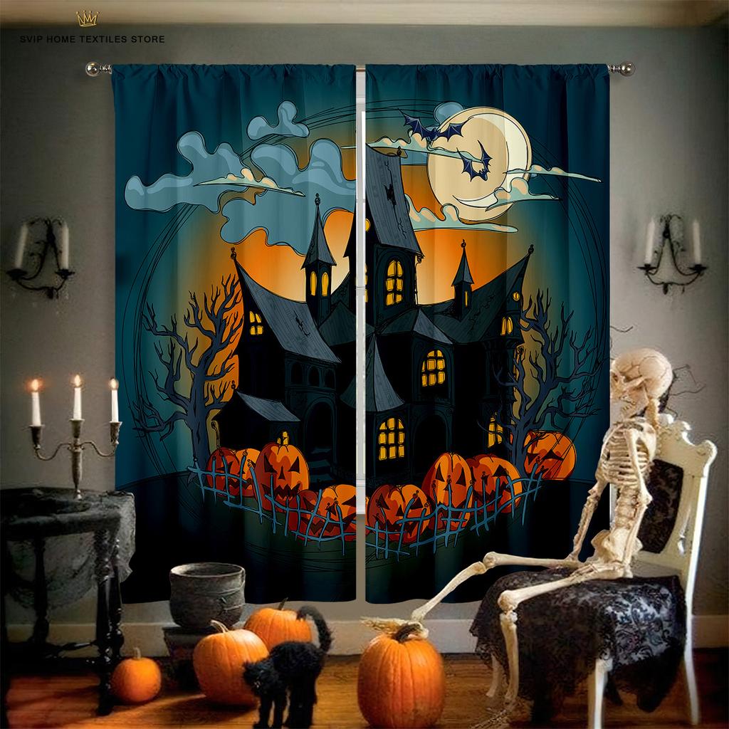 Blackout Insulation Curtains, Cartoon Print, Halloween, Pumpkin, Castle, Bedroom, Restaurant, Holiday Party, Decorative Curtain