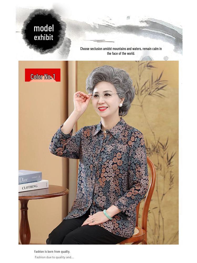 Summer Cotton Silk Cardigan for Elderly Women, 70s Grandma Seven-Sleeve Top Shirt