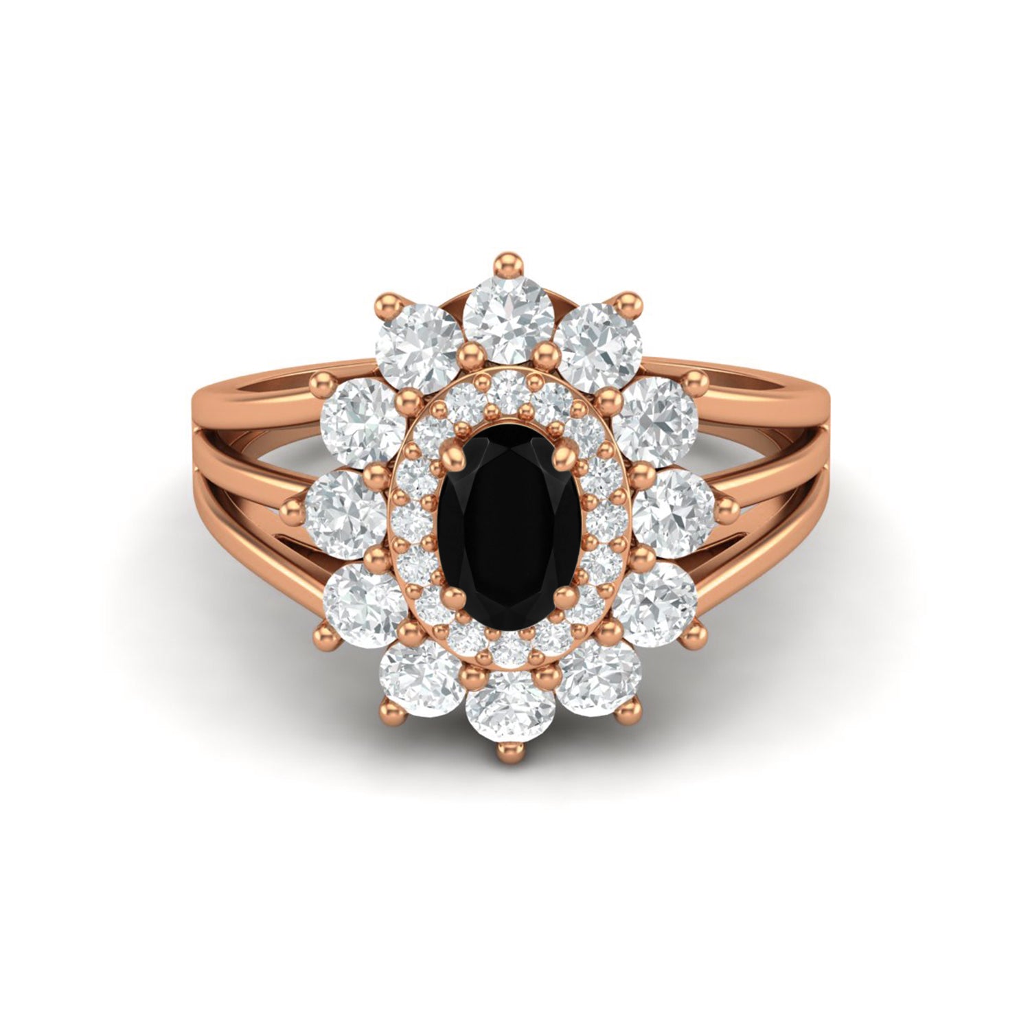 

6X4MM Oval Black Spinel Gemstone 925 Sterling Silver Rose Plated Halo Split Shank Ring 11 Яскраво-рожевий