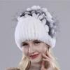 Brand Women Genuine Rex Rabbit Fur Hats Winter Rex Rabbit Fur Beanies Striped Top Flower Fox Fur Warm Real Fur Knit Caps