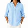 Women Stand Collar Vertical Stripe Long Sleeve Shirt Solid Green Half Button Casual Blouse