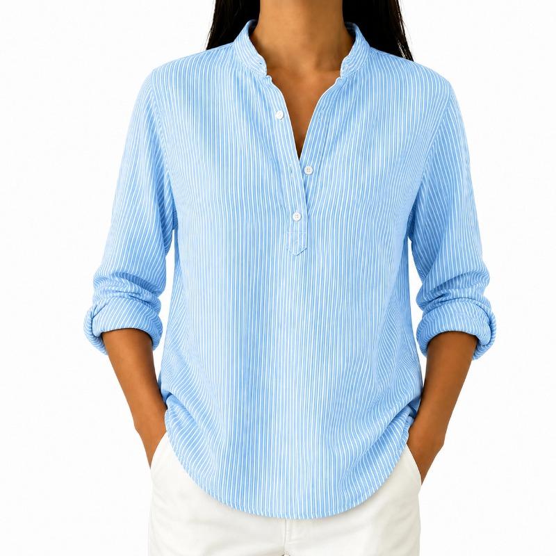 Women Stand Collar Vertical Stripe Long Sleeve Shirt Solid Green Half Button Casual Blouse