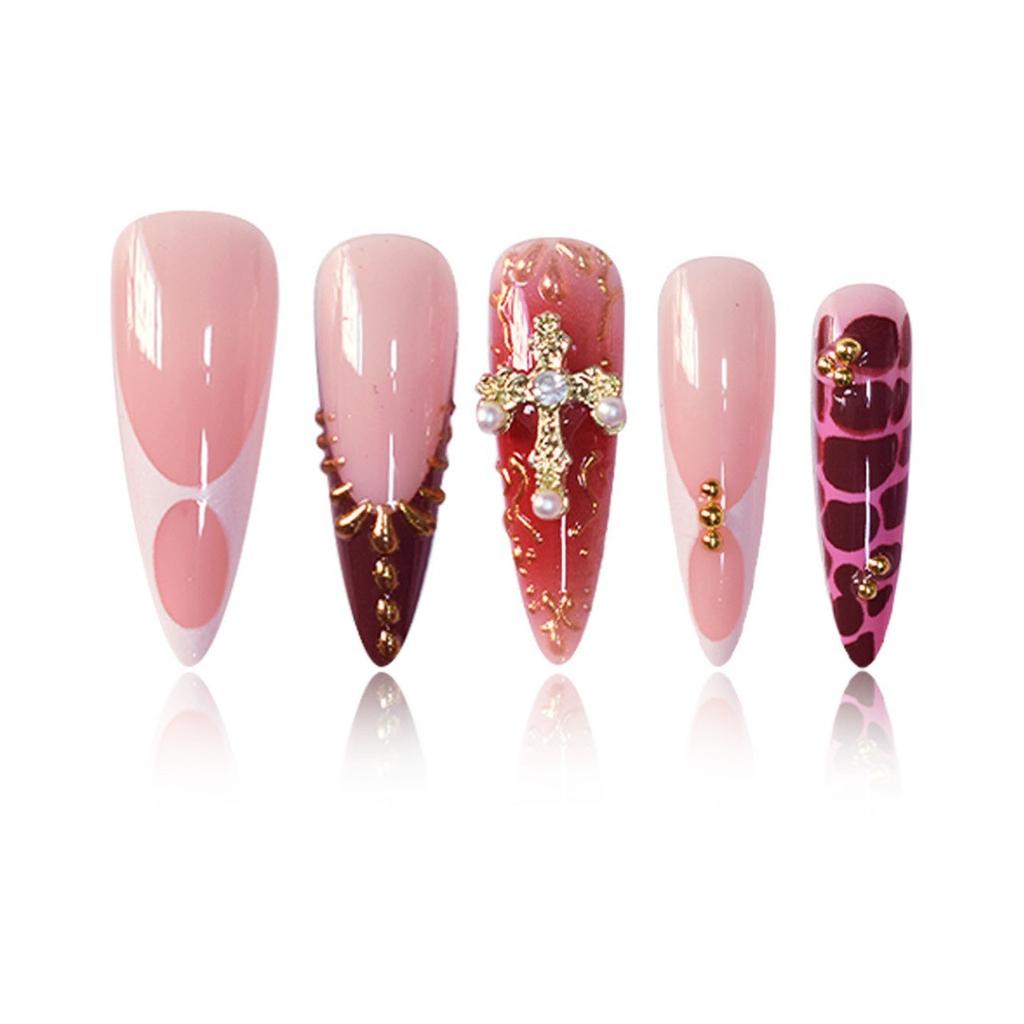 Press on Nails Long Stiletto Fake Nails with 3D Designs Dark Gothic Acrylic Nails Reusable Glossy Artificial Full Cover False Nail for Women 24Pcs